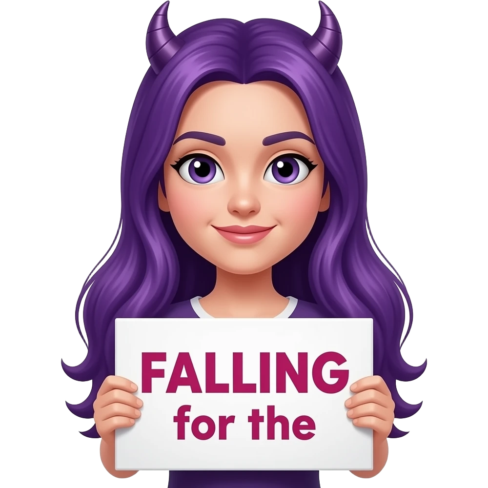 girl with long purple hair holding a FALLING for the VILLAIN sign emoji