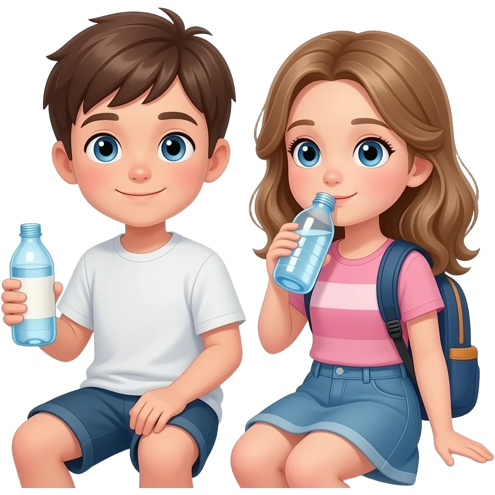 chico y chica  cansados el chico castanyo i con pelo corto y la chica pelo suelto y un poco rubia pero castaño y los dos tienen ojos azules son hermanos con uno una botella i otro una mochila. uno esta sentado i el otro esta cojiendo agua. emoji