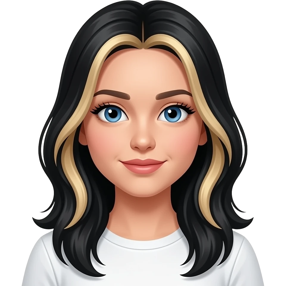make a girl emoji with long black hair and blonde highlights and blue eyes with lashes and wearing a white top emoji