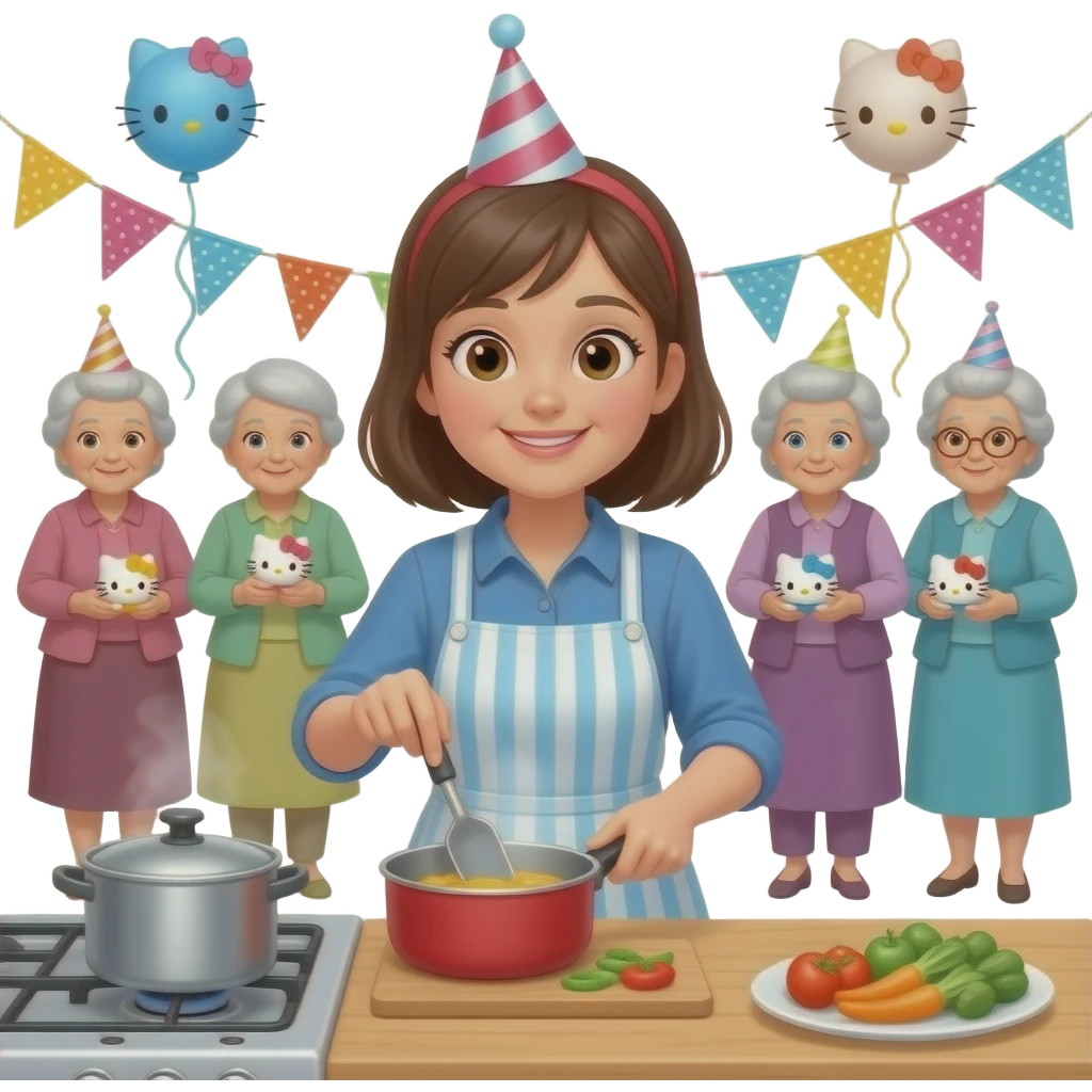 many old ladies comes of a kitty party and a young lady is tired of cooking for them emoji