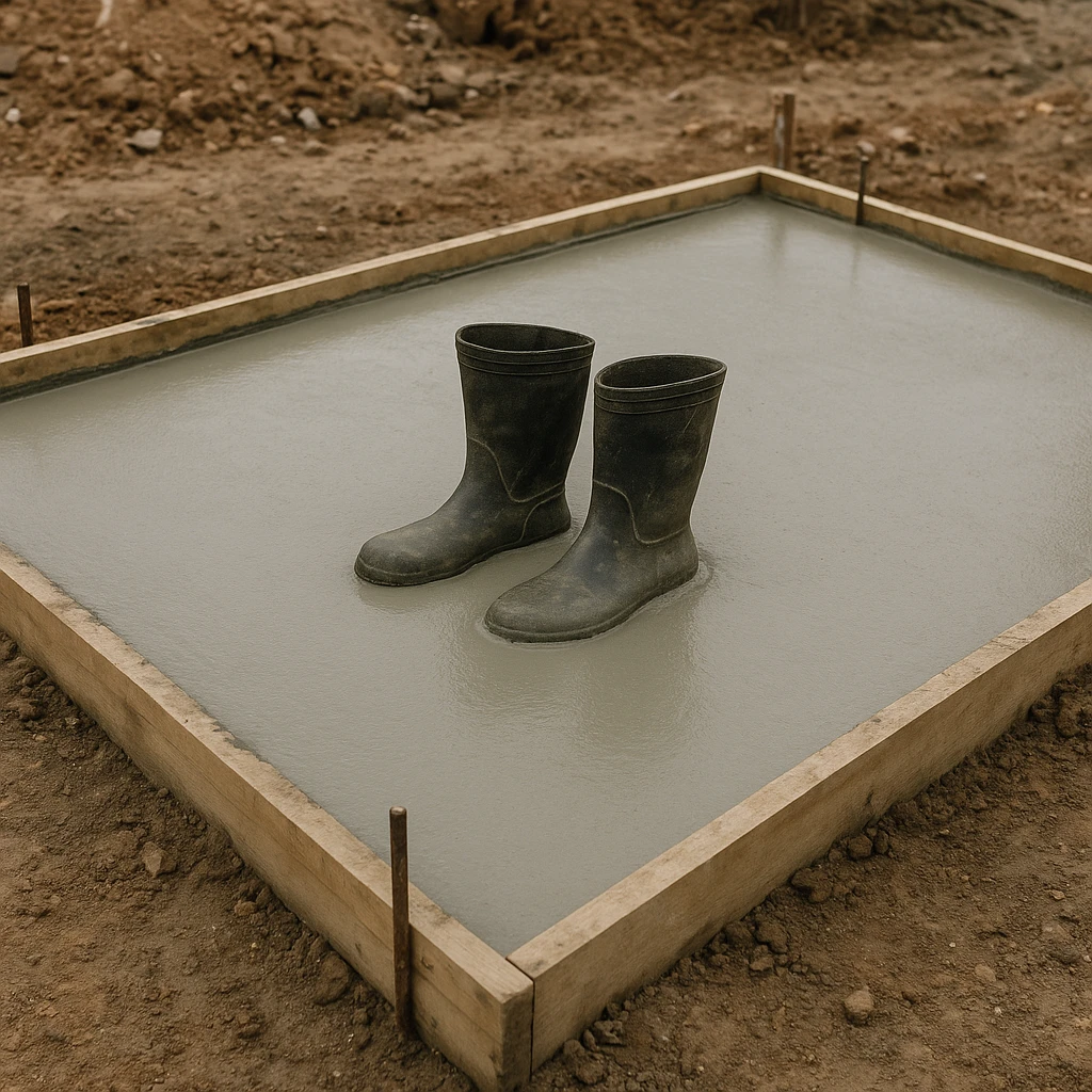 На строительной площадке видно застывший влажный бетон, он ровный и аккуратный залит как фундамент. В центре — пара старых резиновых сапог, частично утонувших и застывших в цементе, будто кто-то случайно оставил их там emoji