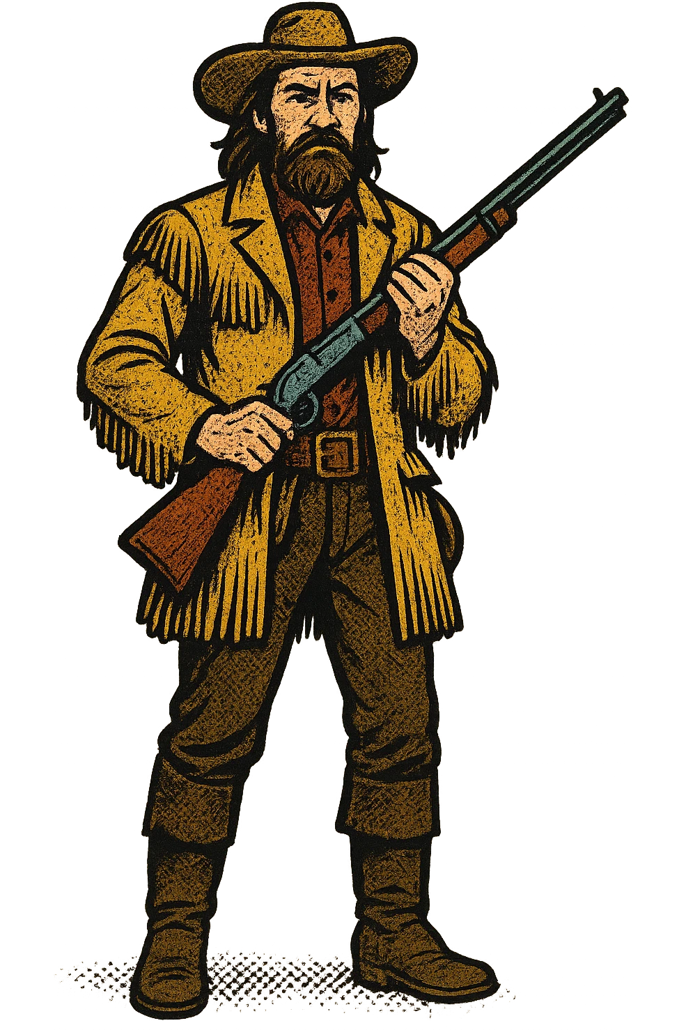 The full body of a buffalo hunter from the 1870s looking straight ahead with his rifle emoji