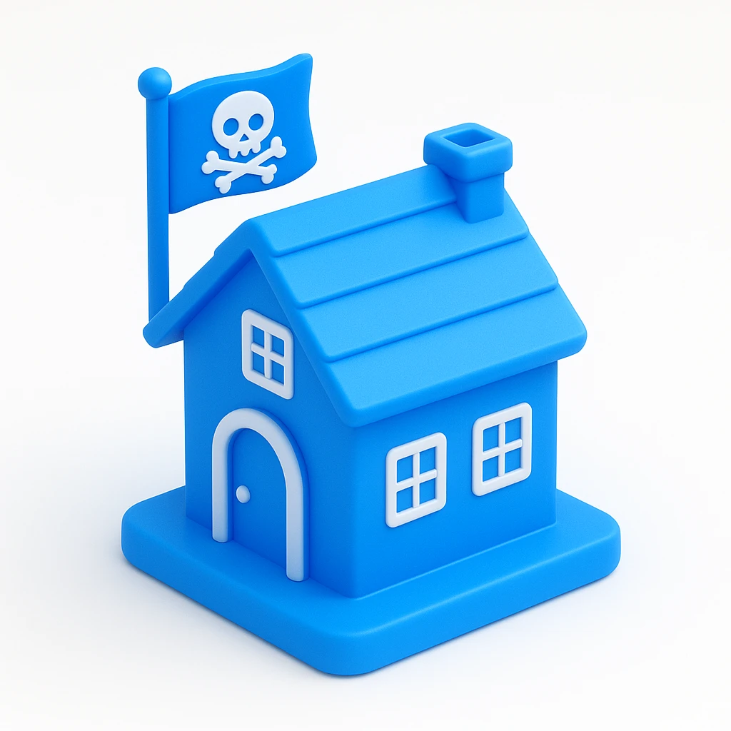 old pirate's house with skull flag emoji