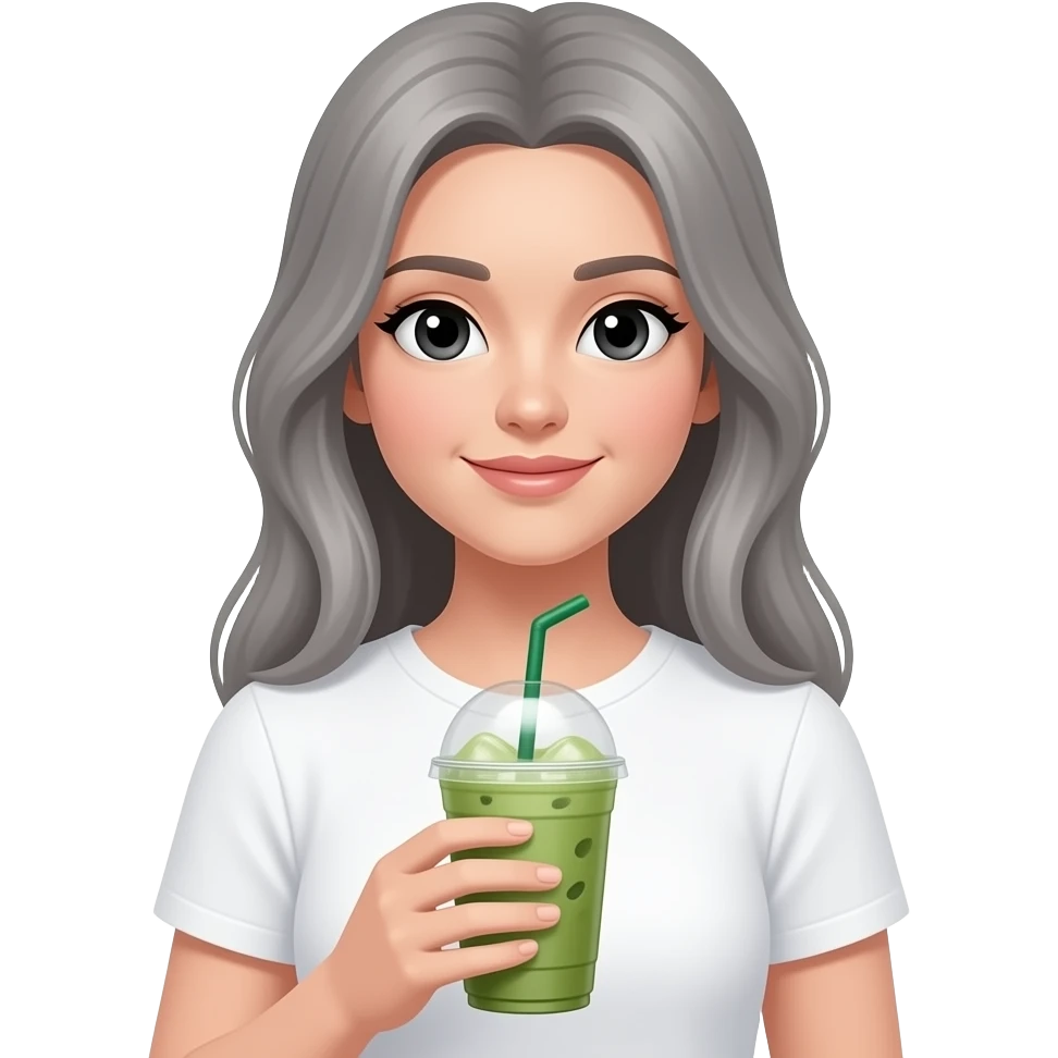 beautiful black eyed girl, -long-gray-hair, -white-tshirt, -holding-large-iced matcha,-fov-90-degrees,-short-lighting,-l-usm,-cold-colors,-gilded-technique,-extremely-hyper-aesthetic,-absurdres emoji