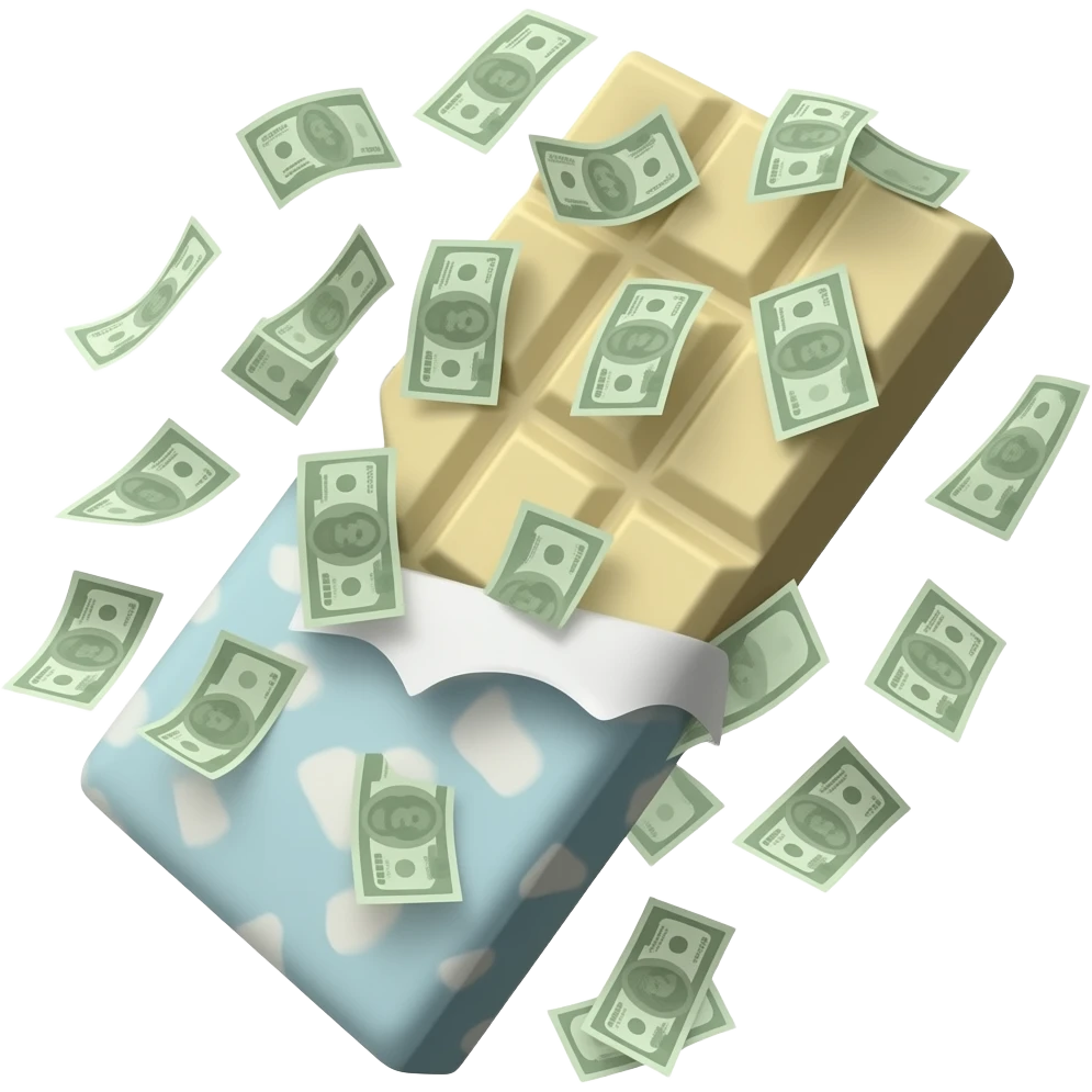 Tableta de chocolate blanco que le caen en forma de lluvia billetes emoji