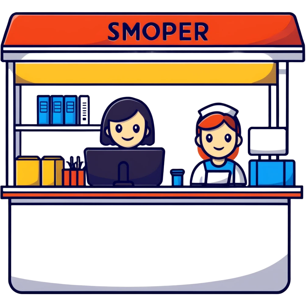 shop counter with register and clerk emoji