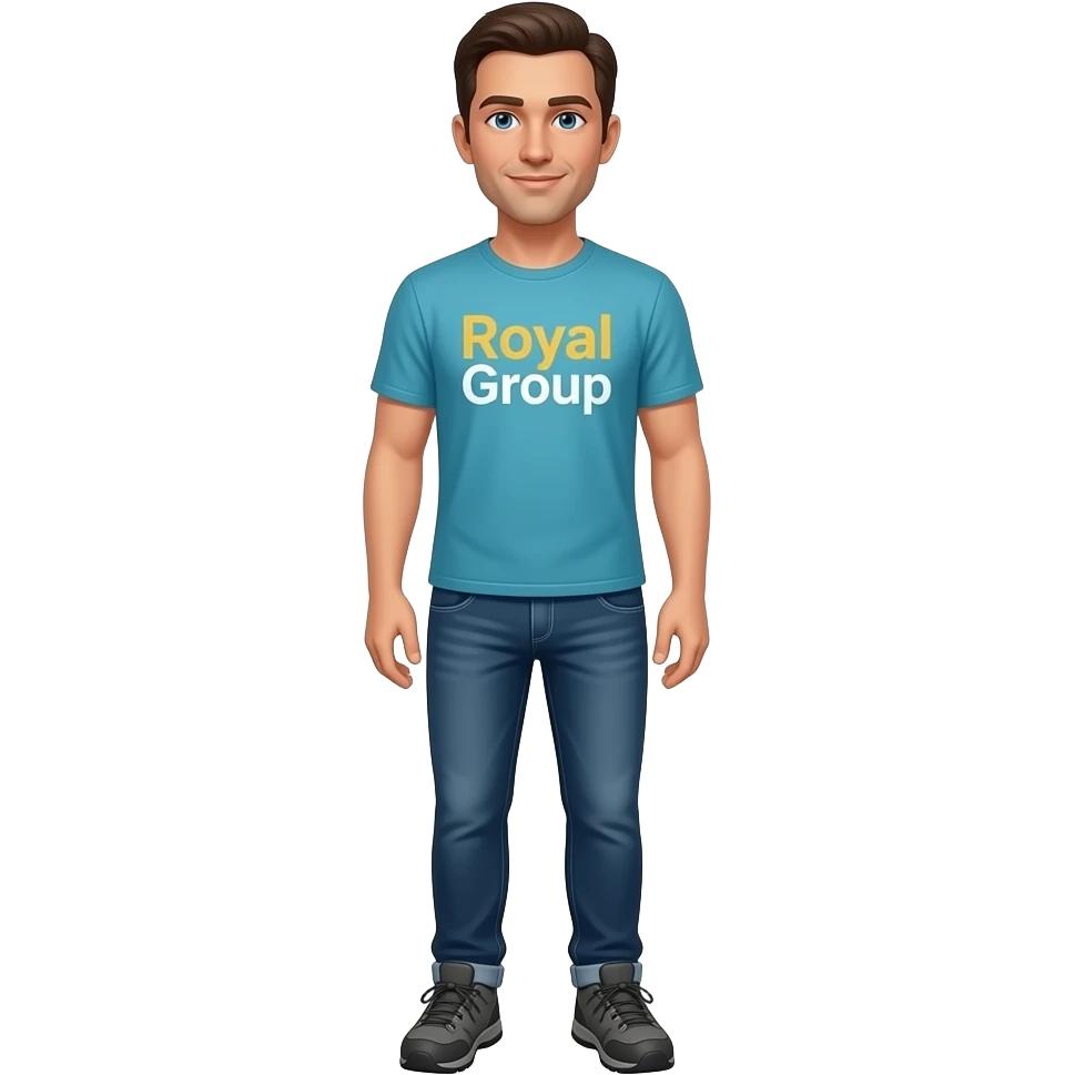 man in 30s, warm toned skin, blue eyes, very short hair, aqua blue t-shirt, jeans, dark grey hiking sneakers, t-shirt has a two-word string: "RoyalGroup", the word 'Royal' is goldenrod yellow and 'Group' is white emoji
