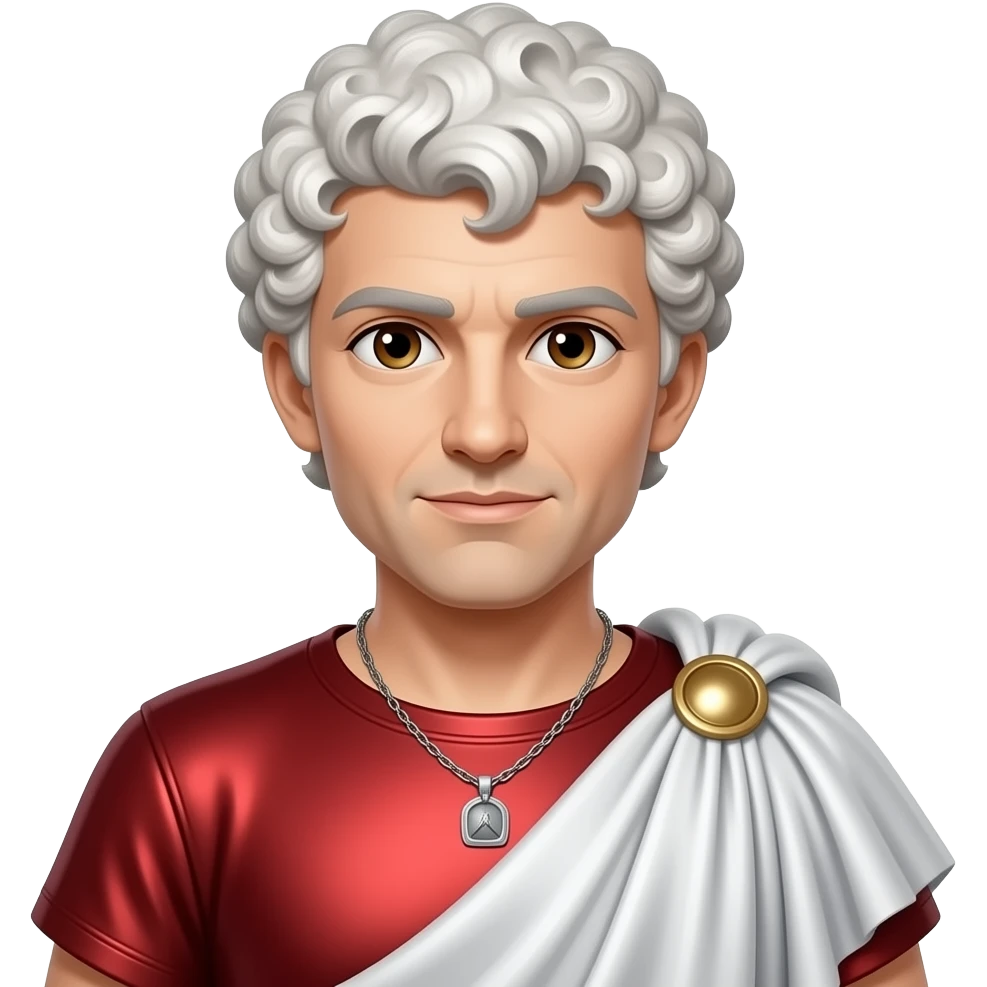 Julius Caesar with brown eyes, white curly hair, red metallic shirt, white metallic baggy pants, silver necklace emoji