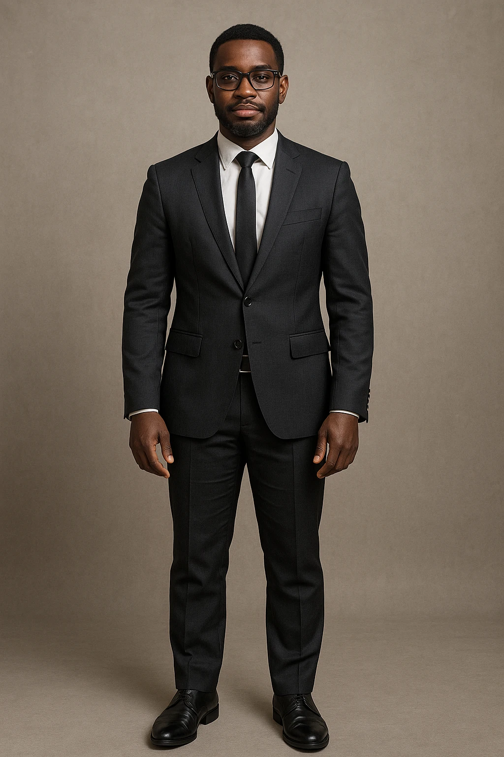 a dark-skinned man in a suit with glasses, full-length emoji
