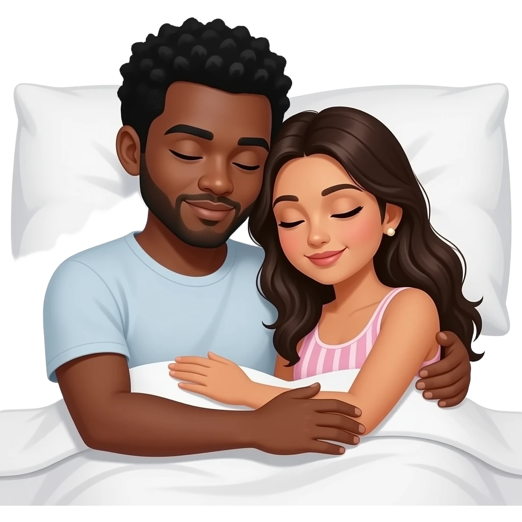 Black man with messy shortish black hair cuddling in bed with light skinned indian woman emoji
