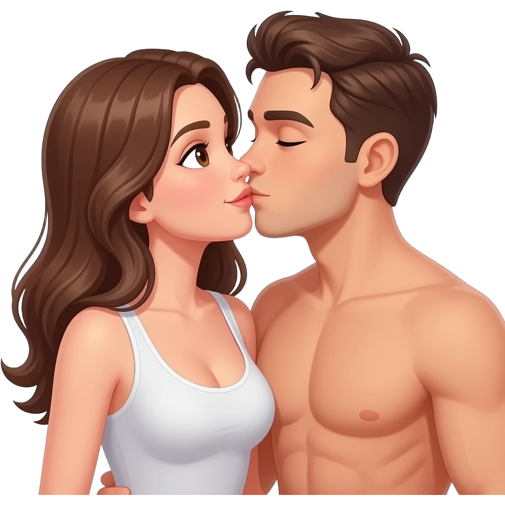 One woman with brown eyes, light skin brown hair, light skin standing next to men light skin brown hair being sexual no shirts kissing showing boobs emoji