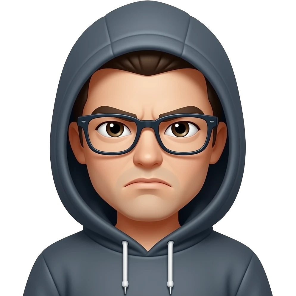 Hoodie with hood down. Squinting both eyes with glasses and a frowning face. emoji