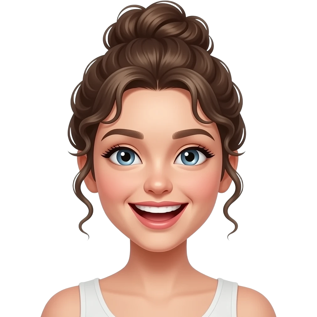 realistic dark blonde girl with curly bun laughing and joking emoji