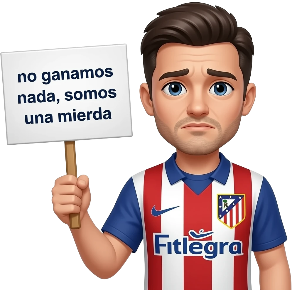 Crea una persona con una persona triste con una camiseta del Atletico de Madrid sosteniendo un cartel que ponga en Español: no ganamosnada, somos una mierda. emoji