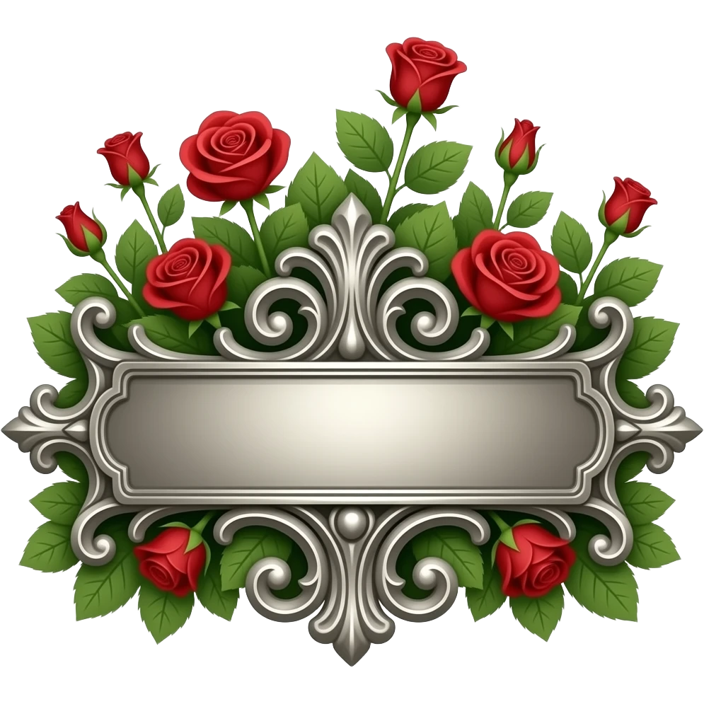 Create a beautiful and elegant horizontal decorative line in metallic antique silver with ornamental flourishes in a Gothic and Baroque style, also in metallic silver, featuring green foliage with red roses of varying sizes. The background is white. Illustration style: cartoon – Art Deco – 2D emoji
