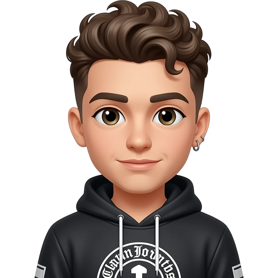 Boy with a curl modern mullet, a eyebrow on the right piercing ears pierced and chrome hearts hoodie emoji