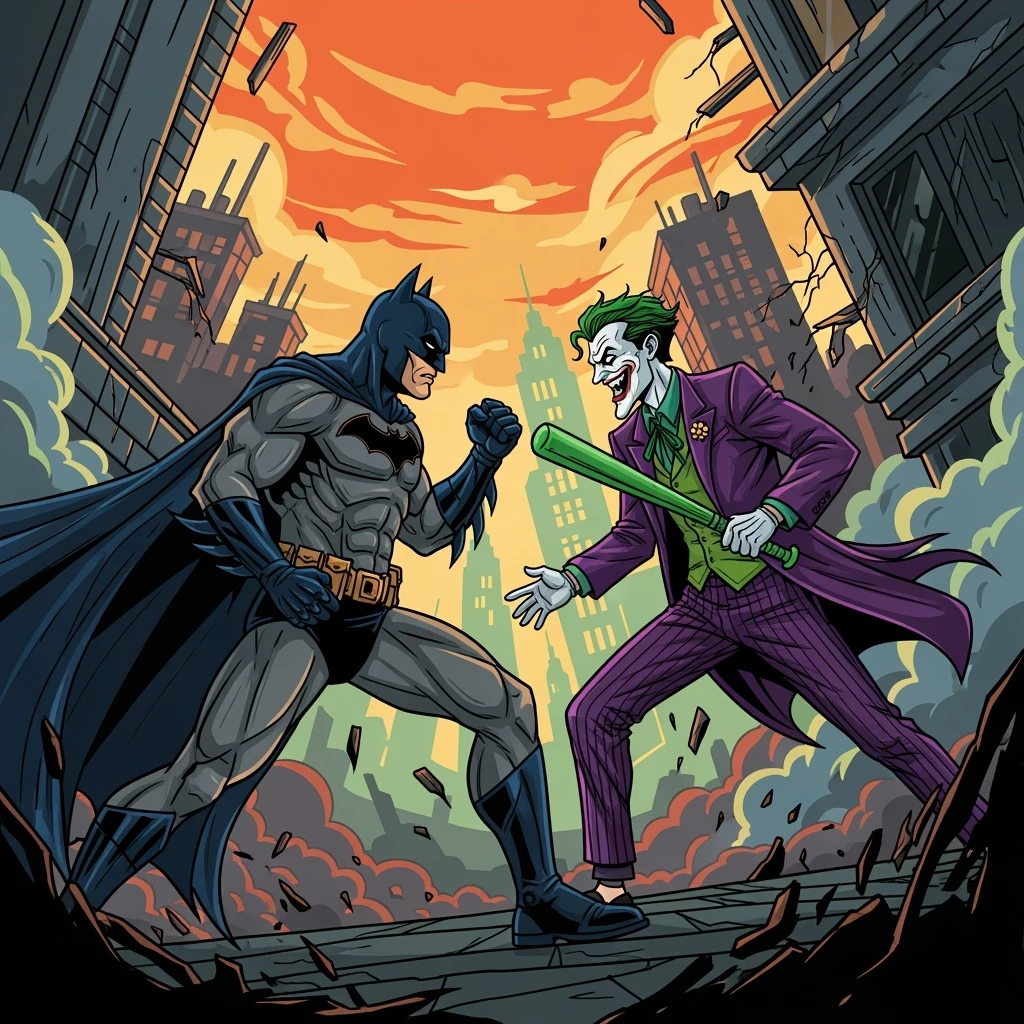 vector art of batman and joker, battleground background 
 emoji