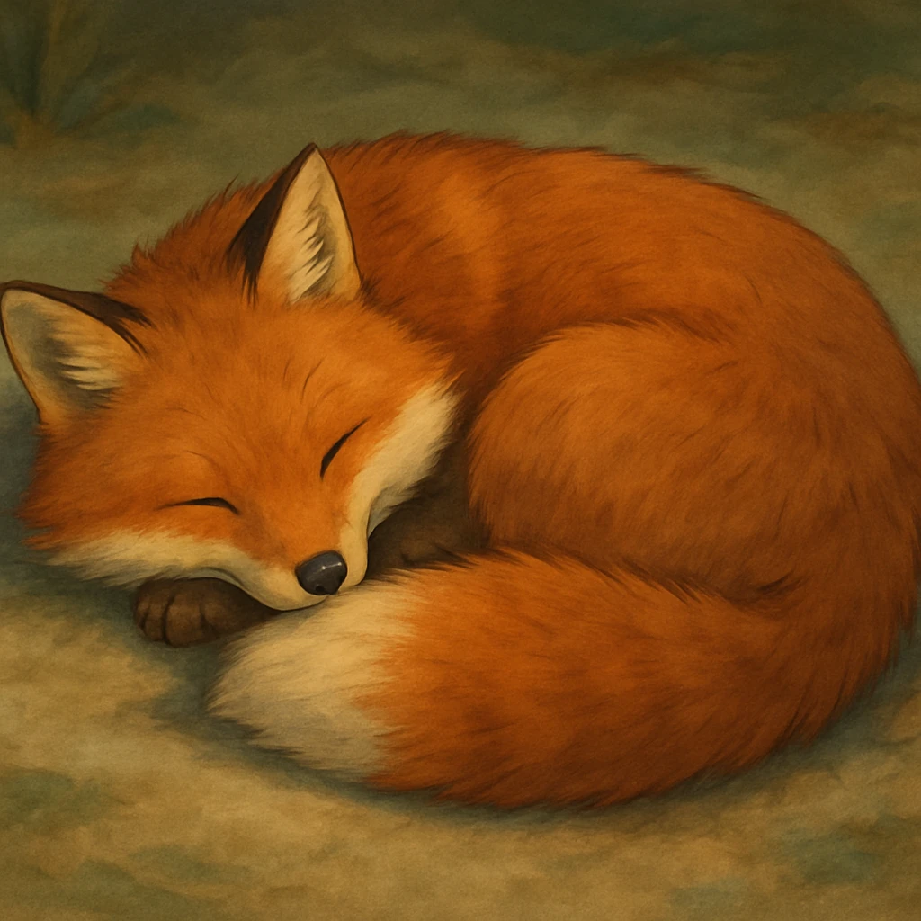 realistic fox curled up sleeping, cozy emoji