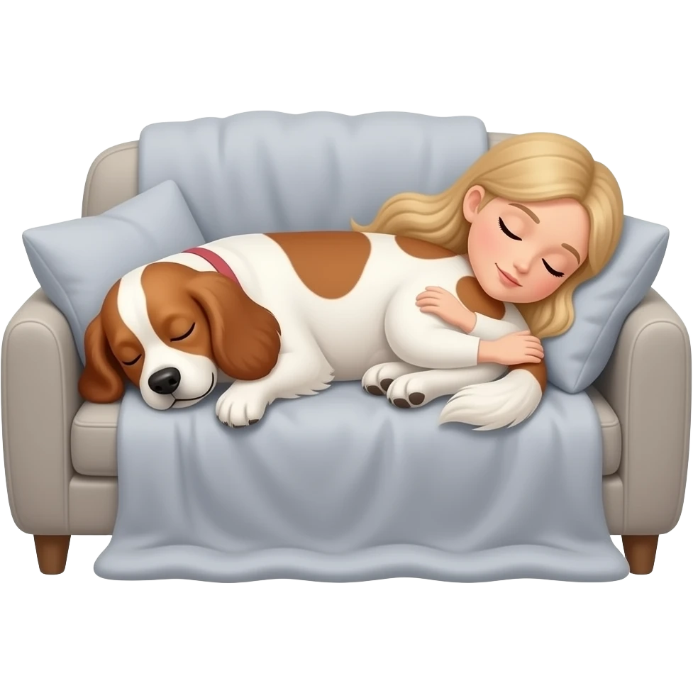 White woman with Long blond hair sleeping on sofa covered with blanket with a sleeping White/red cockerspaniel emoji