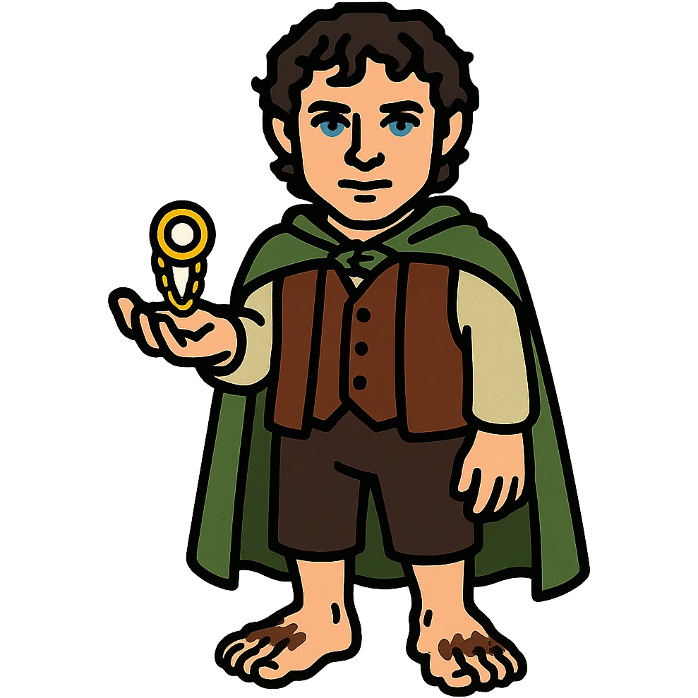 Whole body image of Frodo Baggins from the lord of the rings movie in pixel art style. Make Frodo look like the actor that portrayed him in the movie, Elijah Wood, blue eyes and dark curly hair. Frodo is wearing the same green elven cloak with the leaf buckle, brown vest, cream undershirt, dark brown leather short pants, and hairy hobbit feet. He is holding the one ring in the palm of his outstretched hand. the ring is golden yellow and a golden link chain necklace is strung through it. emoji