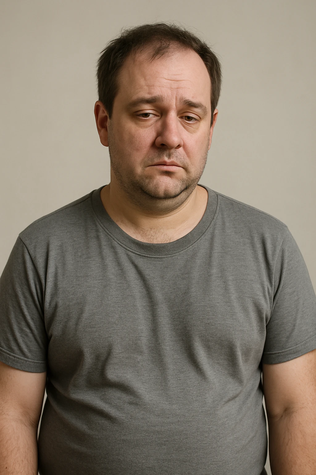 Un uomo caucasico di 35-45 anni, in CGI fotorealistico, che mostra i segni fisici ed emotivi di un basso livello di testosterone. emoji