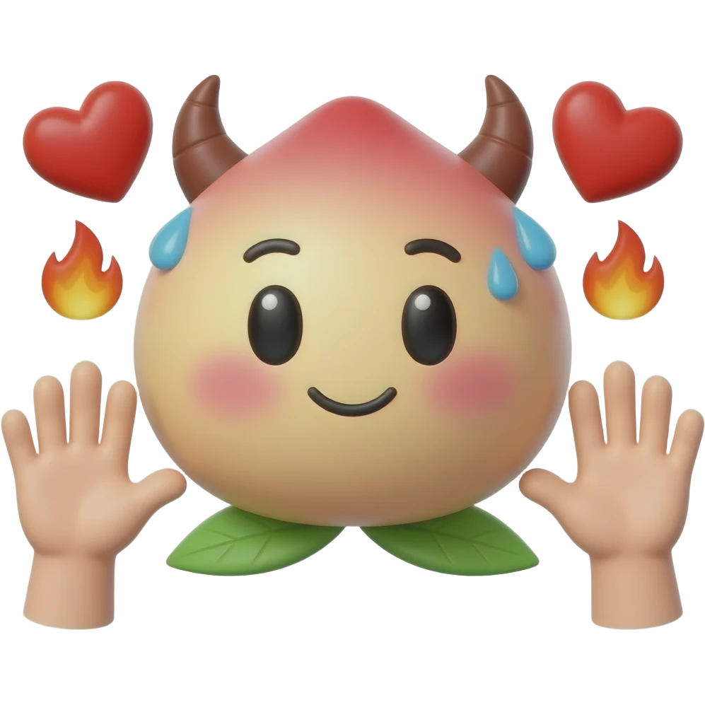 A glossy 3D peach emoji sticker between two cute cartoon hands, cheeky blushing face, tiny devil horns, sweat drops, hearts and flames, playful forbidden fruit humor, suggestive adult emoji style, clean transparent background, soft shadow, high quality, no text, no watermark, non-explicit emoji