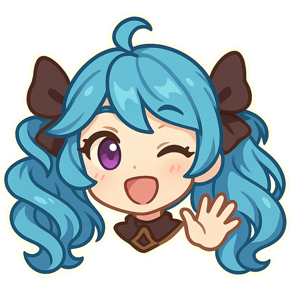 Gwen from League of Legends, chibi emote style, only head visible, right eye purple, excited hi expression, waving hand, eyes open, cute and expressive emoji