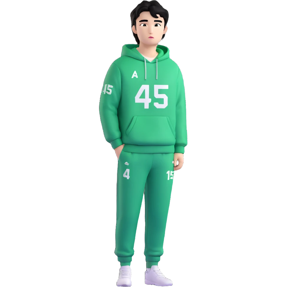 Draw Seong Gi-hun (Player 456), Korean male, messy black hair, green tracksuit with white number 456 printed on chest. emoji