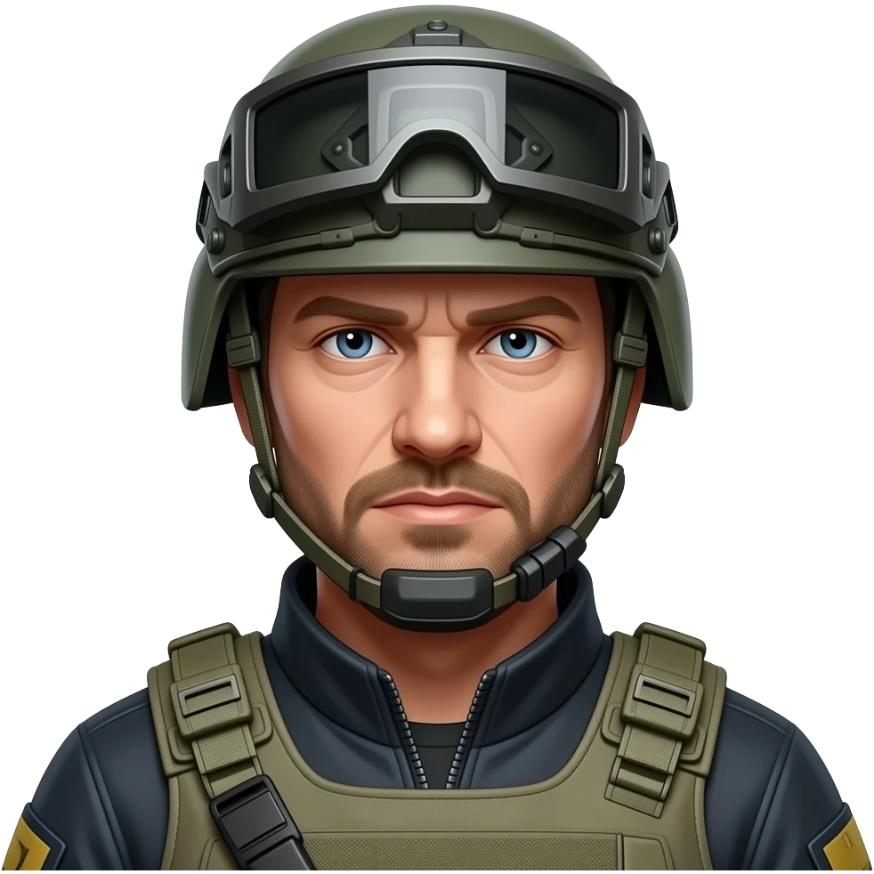 A 40 year woman character with a bald head, slightly tanned skin, and a recognizable level 3 PUBG Spetsnaz helmet (visor up). He has a serious but charismatic expression, a slightly rugged beard, and is wearing a tactical vest. Volumetric lighting emoji