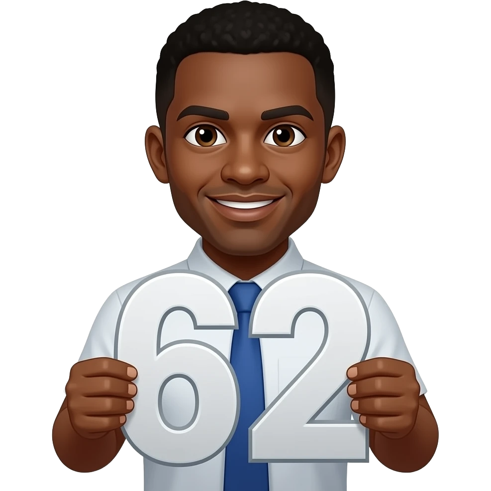 generate me a black person really black person make him blacker holding the number 62 emoji