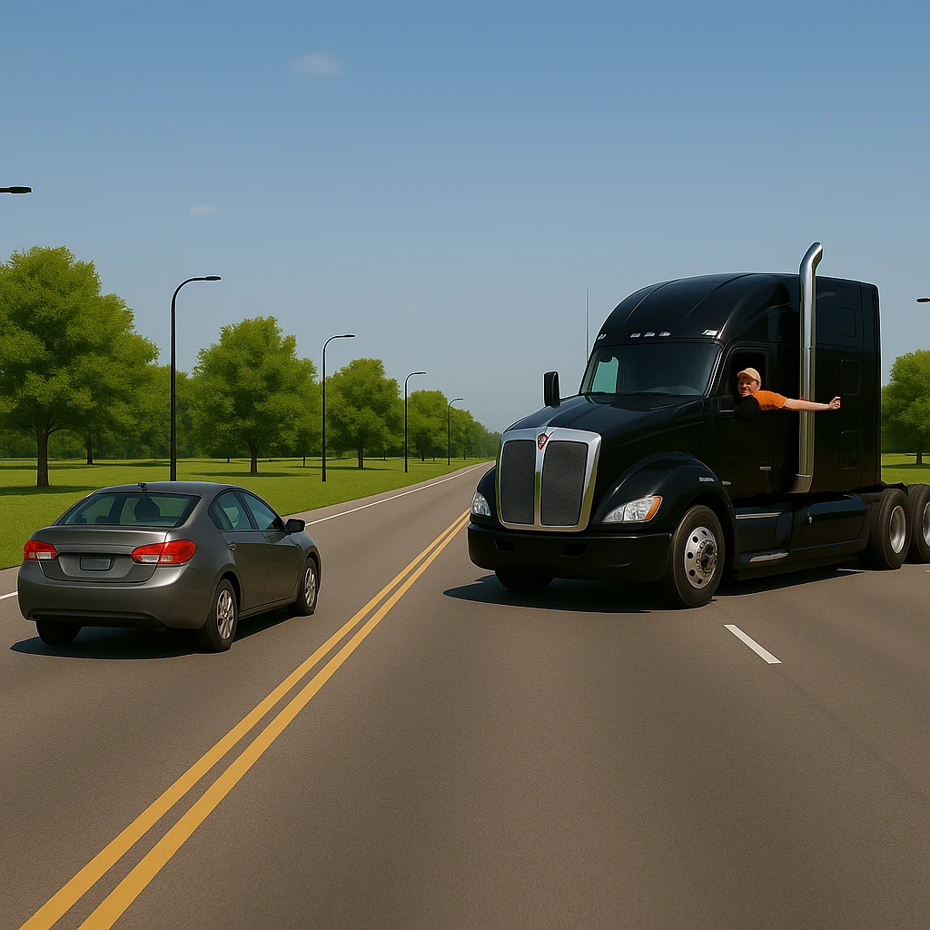 Zoom the scene out a lot farther, making the vehicles much smaller and showing a wide view of the road and landscape. Keep the black Kenworth W680 semi with chrome stack, angry bald driver in orange shirt and baseball cap, arm out the window, following a car. Scene should remain bright and vibrant. emoji