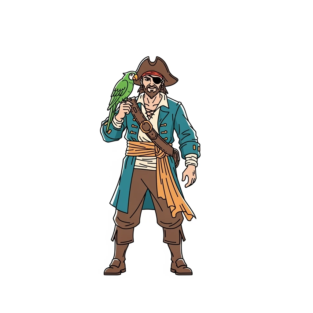 color vector art with thin outline of pirate with eye patch and parrot on shoulder  emoji