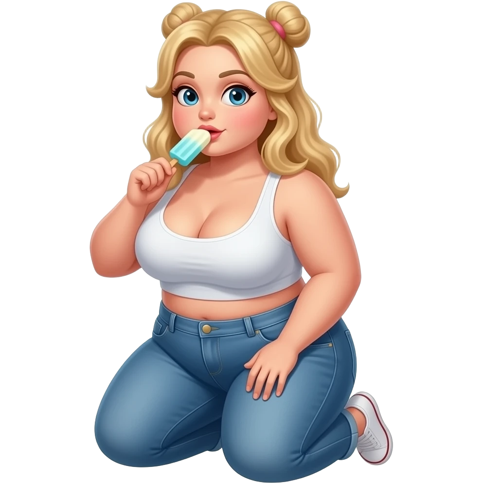 Chubby Blonde girl with huge boobs sucking popsicle in her mouth on her knees emoji