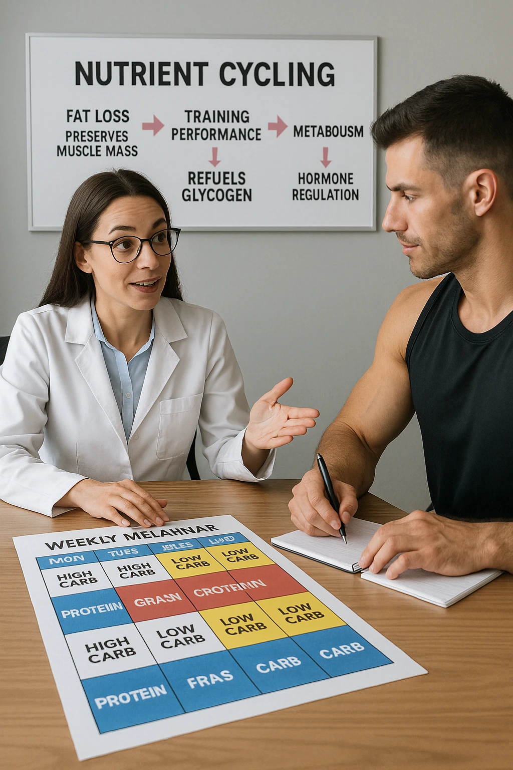 a nutritionist explains to an athlete how to cycle macronutrients for fat loss and training. On the desk, a weekly meal planner shows alternating high-carb and low-carb days, with color-coded sections for proteine, grassi, and carbo. The athlete takes notes, and a chart in the background illustrates the benefits of nutrient cycling. The mood is professional and educational. scritto in italiano emoji