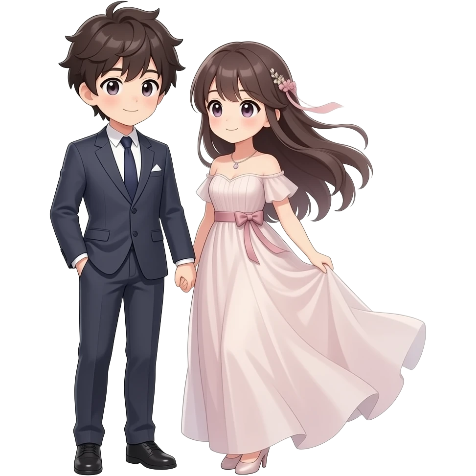 Make an cute anime couple blown hair ,the boy is wearing suit and the girl is wearing a big gown full head to toes the bride isn't wearing anything on head tho she has hair now removed the girl emoji