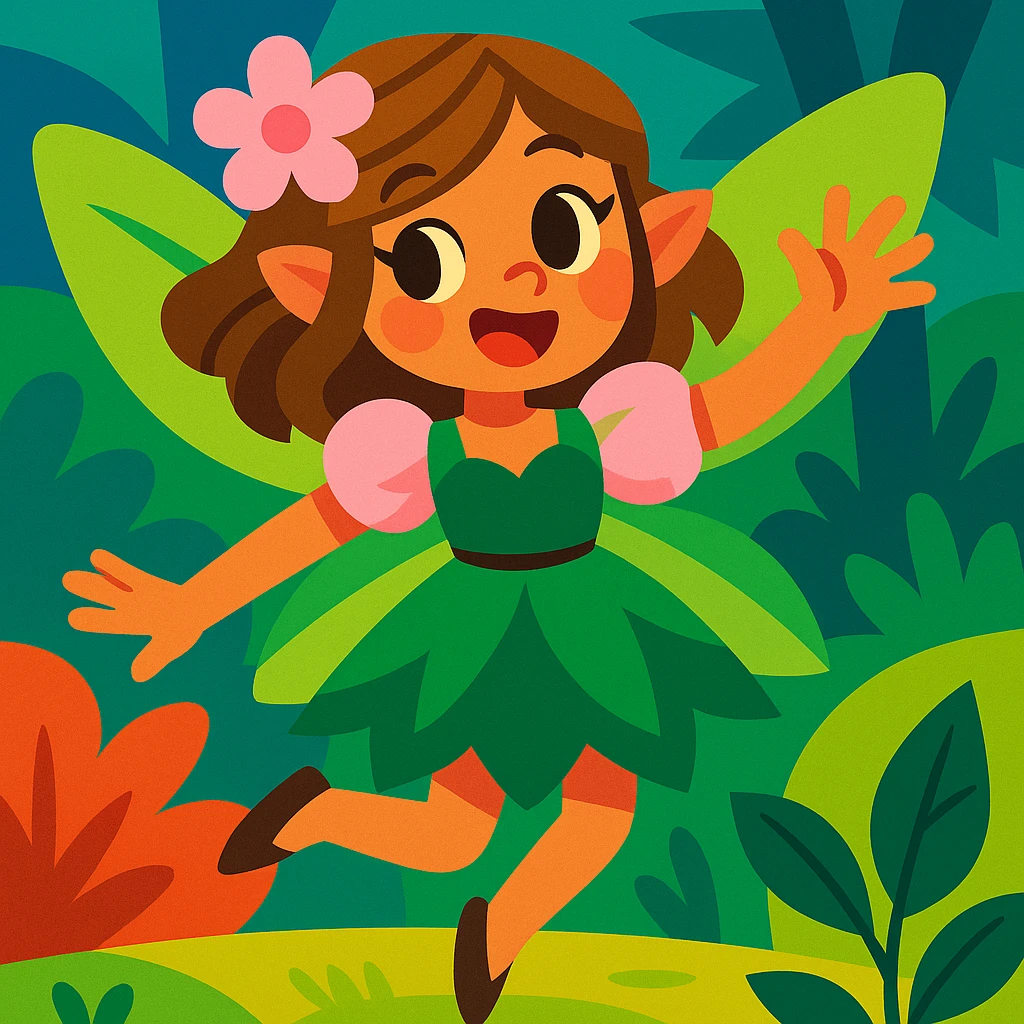 fairycore girl with brown, light pink, and green fairy clothes and wings, light brown hair, playful and colorful, vibrant toon style emoji