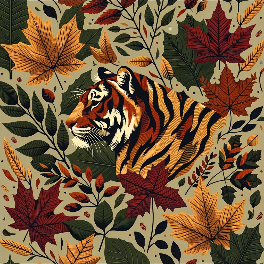 design pattern, camouflage pattern inspired by autumn forest, tiger stripes blended with maple leaves and branches, earthy colors (olive, rust, deep red, golden yellow), seamless design, modern fashion style emoji