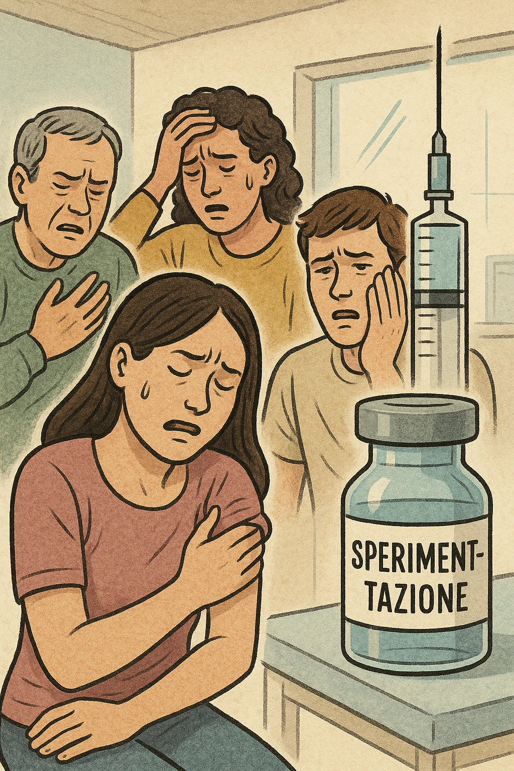 Donne e uomini che stanno male a causa di un vaccino chiamato "Sperimentazione" emoji