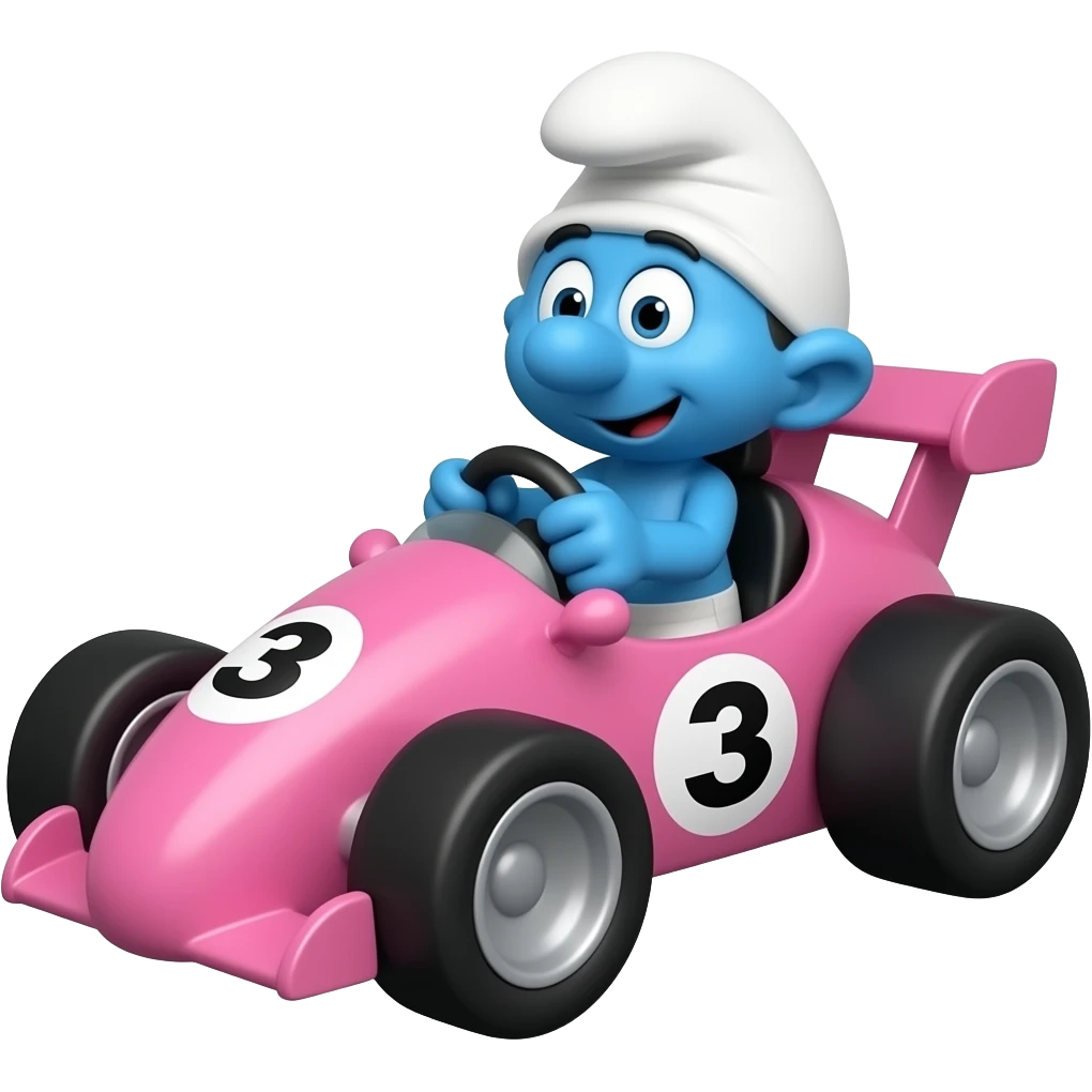 Papa Smurf as a racing driver driving a pink car with P3 on the side emoji