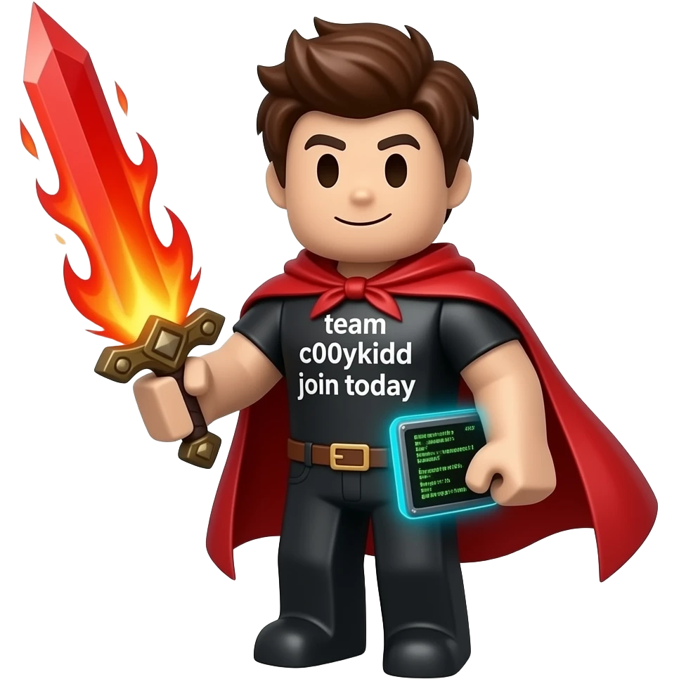 is a robloxian thats red and a 10 year old and has the words team c00lkidd join today and has a firebrand a red sword thats on fire and a hacking script called the c00lgui emoji
