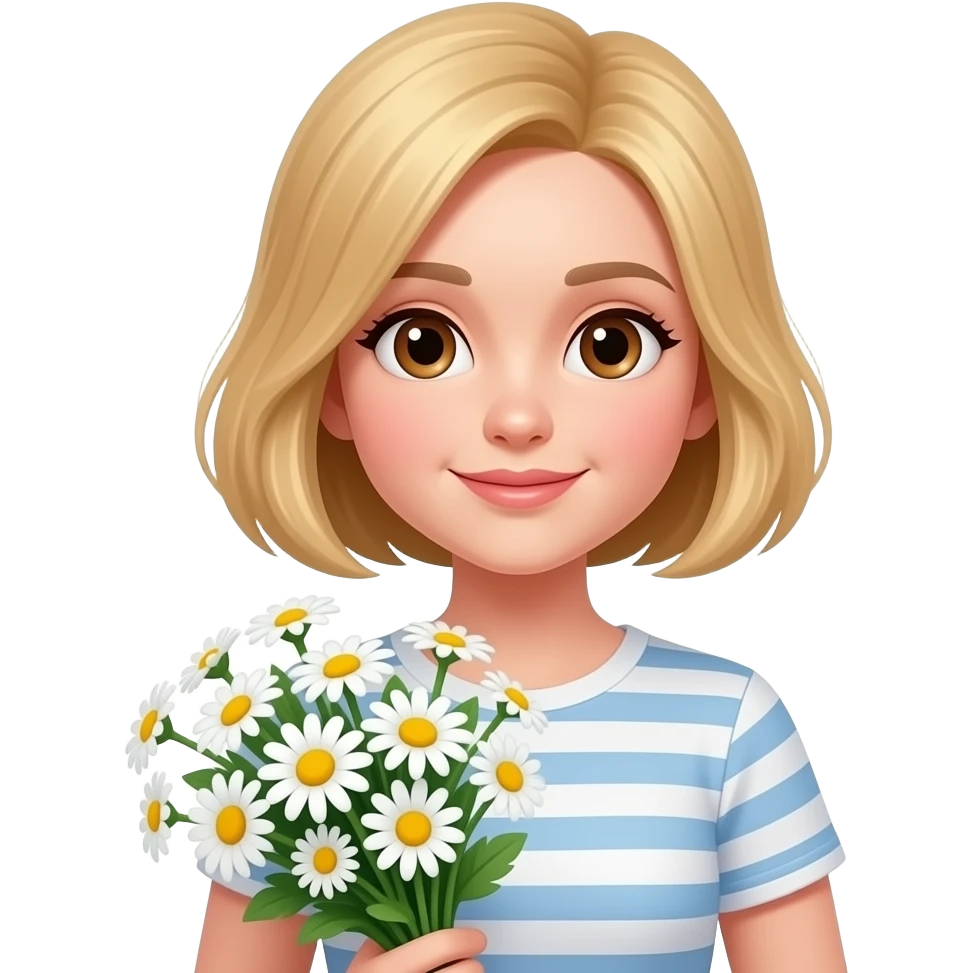 a blond teenage girl with bob haircut and brown eyes standing and holding a bouquet of daisies emoji