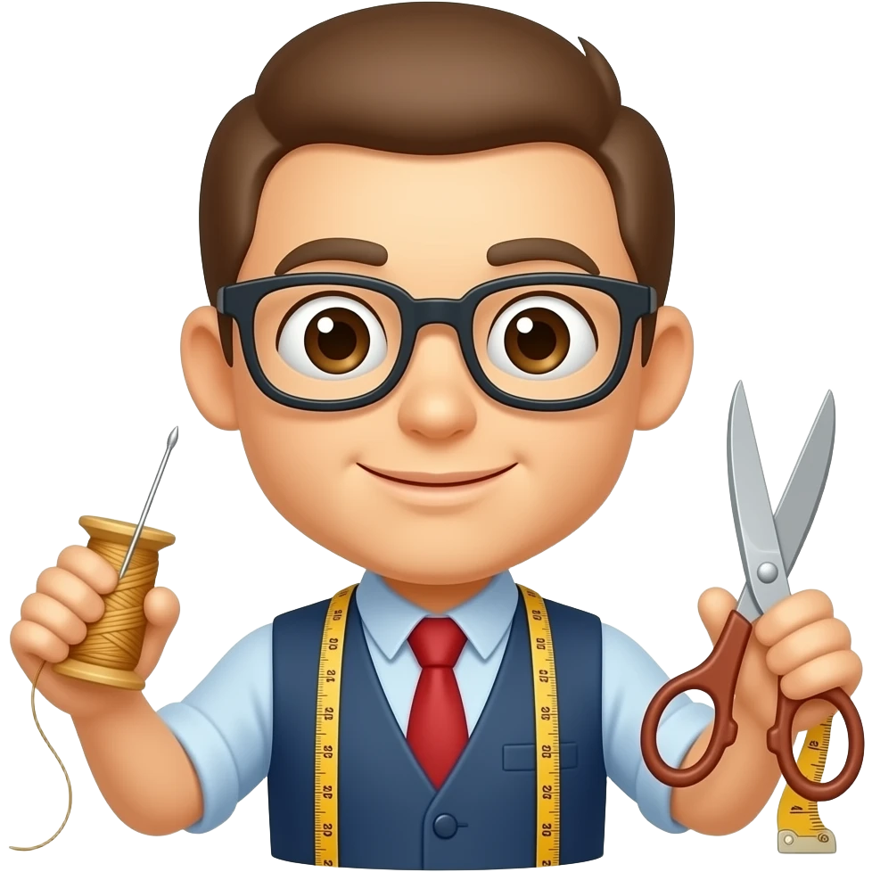 Elinde iğne ipliği mezurası, kesilmiş kumaşı ve makası olan, gözlüklü bir Terzi emojisi apple emoji düzeninde yap emoji