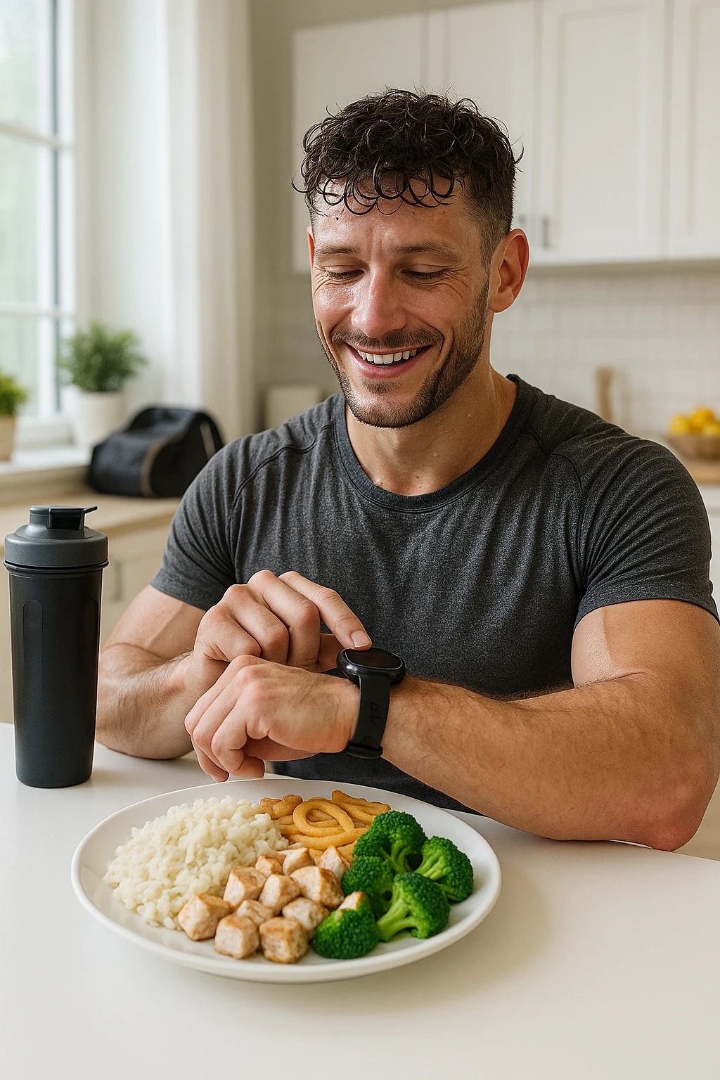 a fit man in his 30s, still in gym clothes and slightly sweaty, sits at a kitchen table right after a workout. In front of him is a balanced meal with a generous portion of rice, pasta, or potatoes, along with lean protein and vegetables. He checks his watch or a fitness app, smiling with satisfaction as he times his post-workout meal. The background is a bright, modern kitchen, with a shaker bottle and gym bag visible. emoji