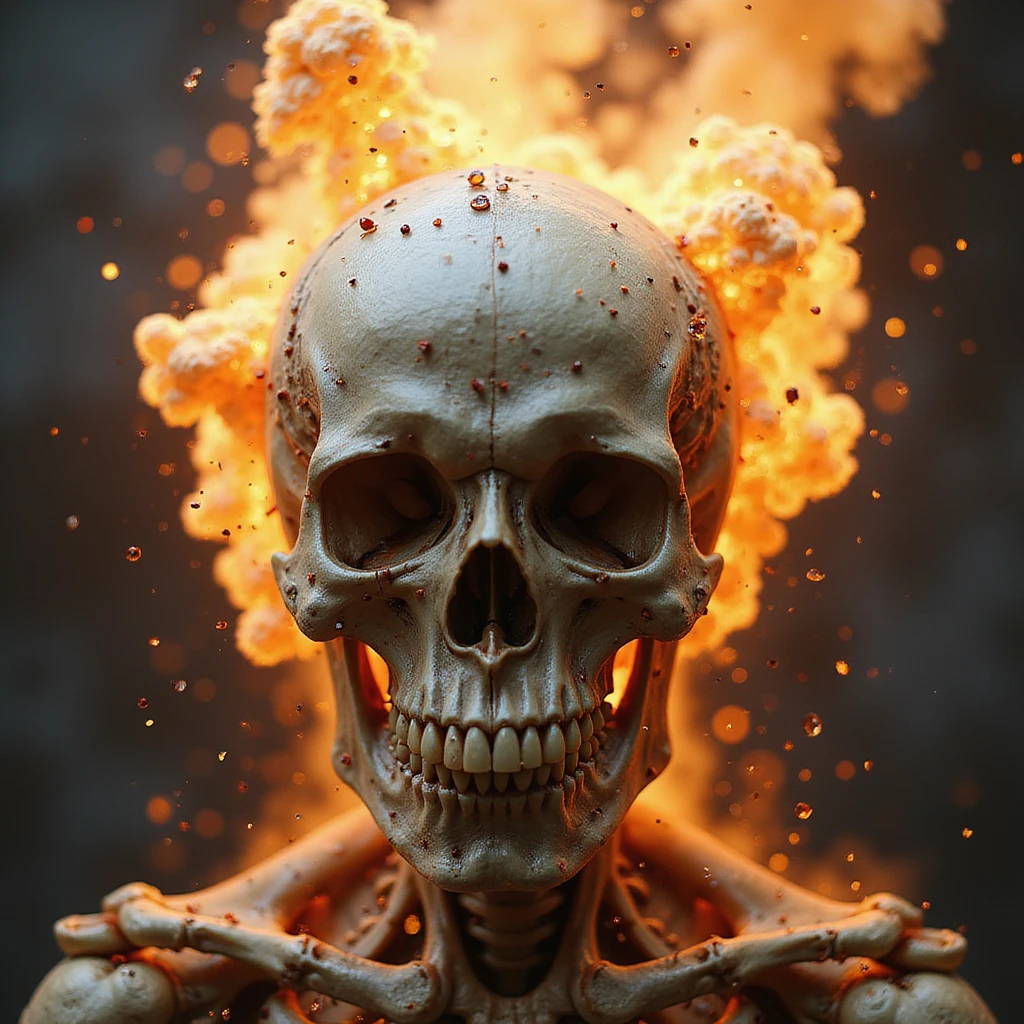 highly detailed skull with a dynamic explosion effect, realistic textures, photorealistic style emoji