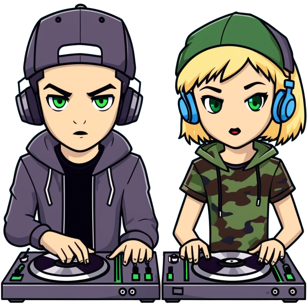 Two people, boy- vampire with dark hair and green eyes wearing a camo hat. Then A girl with blonde hair light blue eyes and she is djing  emoji