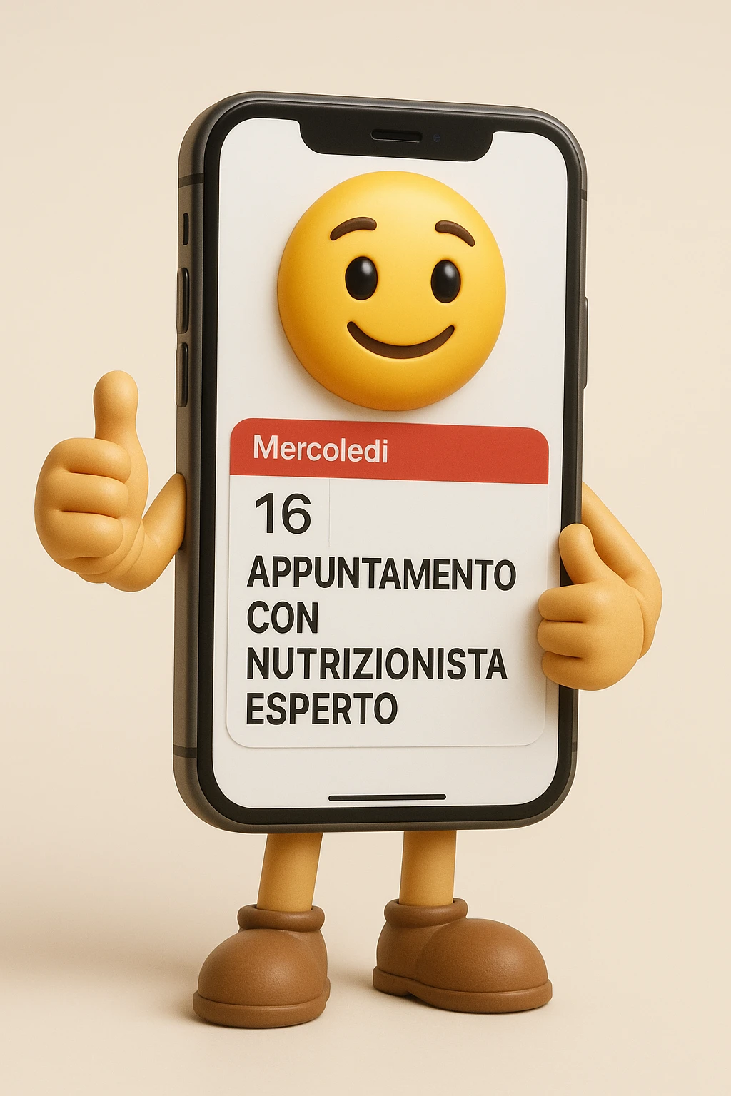 emoji stile iphone 3d di uno smartphone A FIGURA INTERA con appuntamento segnato sul calendario che dice: "APPUNTAMENTO CON NUTRIZIONISTA ESPERTO", IPERREALISTICO 4K emoji