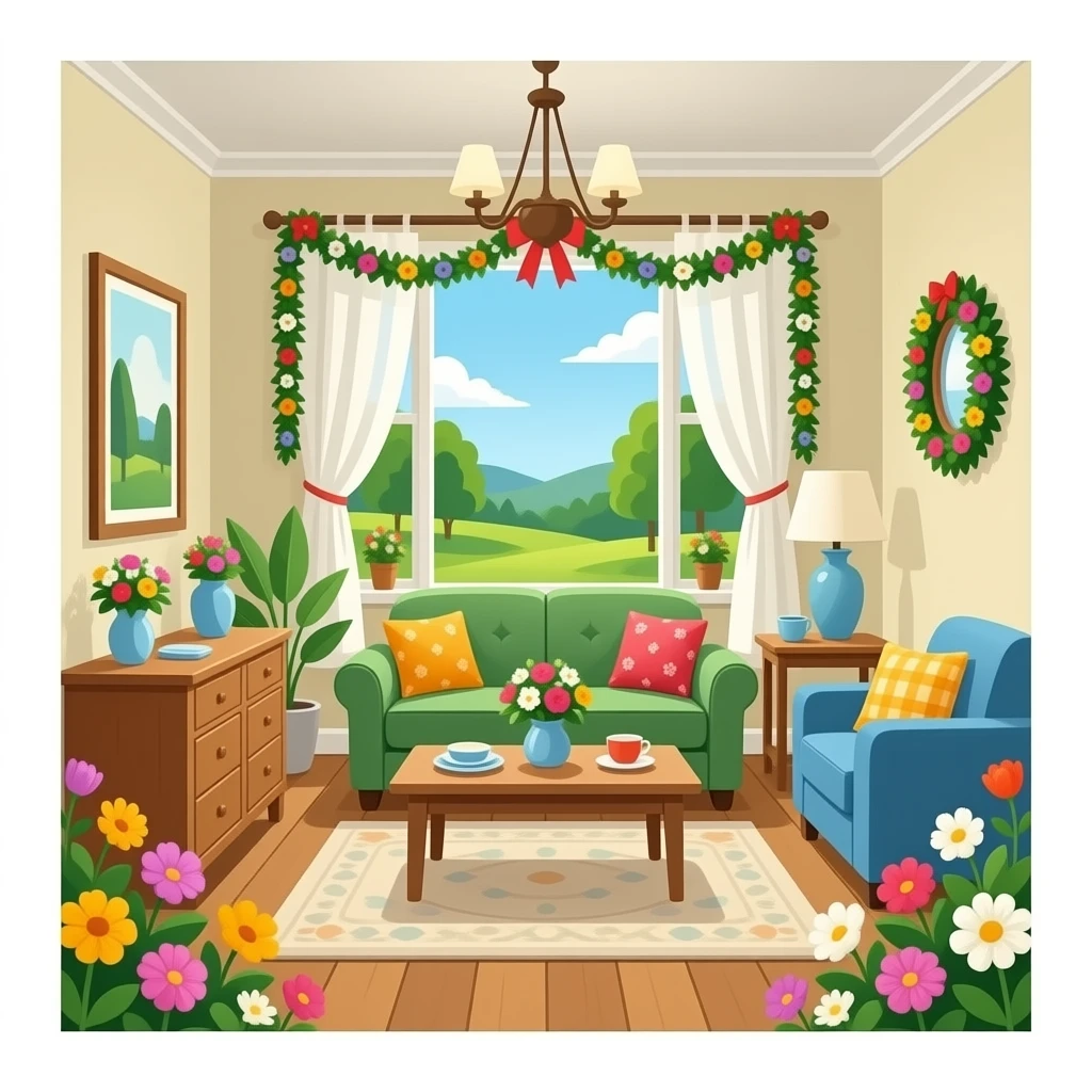 una casa por dentro con muebles i garones con flores emoji