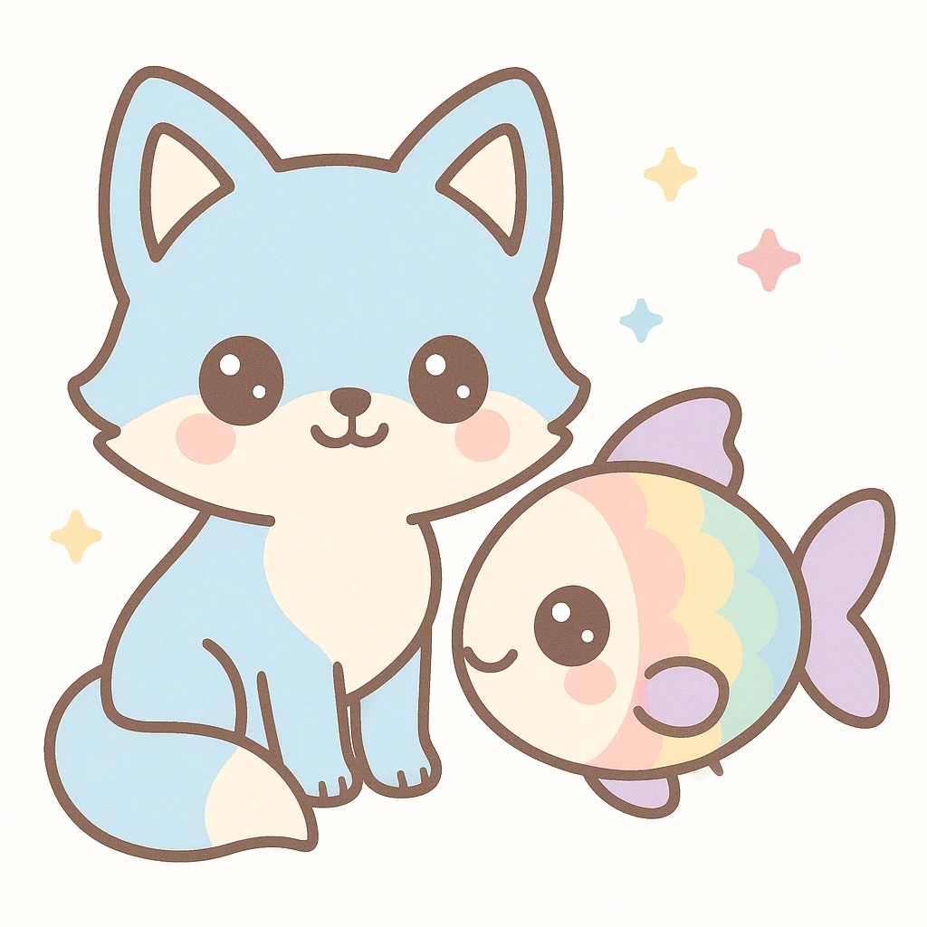 a cute blue fox and a rainbow fish as friends, soft pastel colors, kawaii style, big eyes, gentle expressions emoji