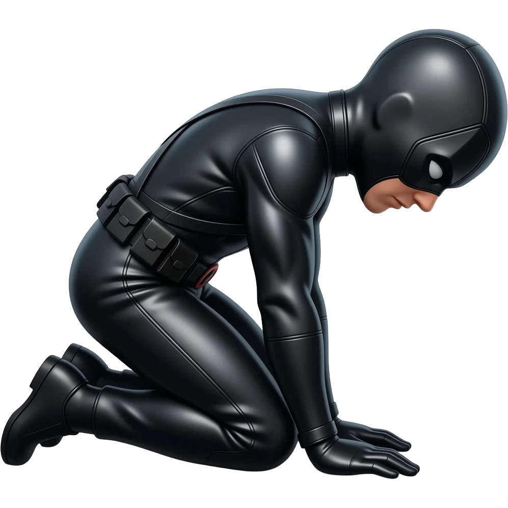 gimp, fully masked with mouth and eye holes, wearing black pvc rubber suit, kneeling/bowing, angle from the side emoji
