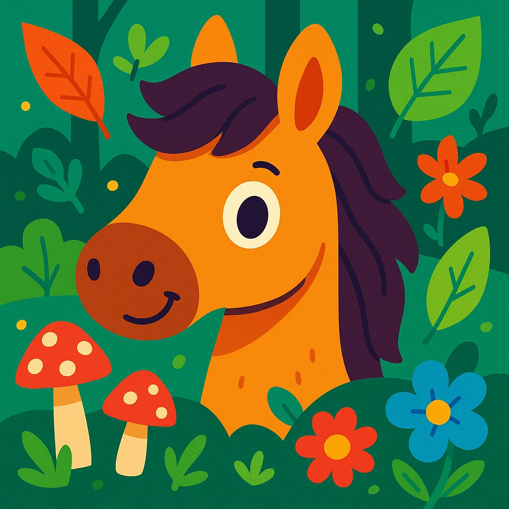 cute forest horse head, bright colors, playful expression, surrounded by forest elements emoji